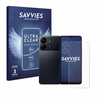 Front side of a product packaging with the brand logo Savvies. Next to it is the device Xiaomi Poco C65 (Front+Camera) shown w