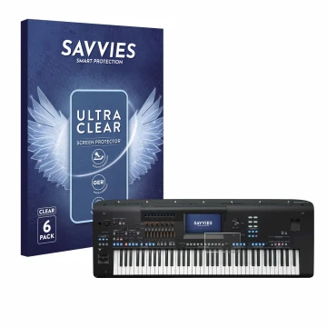 Front side of a product packaging with the brand logo Savvies. Next to it is the device Yamaha Genos2 shown with the correspon