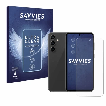 Front side of a product packaging with the brand logo Savvies. Next to it is the device Samsung Galaxy S23 FE (Front+Camera) s