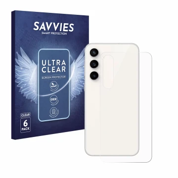 Front side of a product packaging with the brand logo Savvies. Next to it is the device Samsung Galaxy S23 FE (Back) shown wit