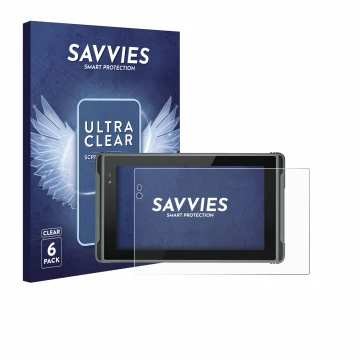 Front side of a product packaging with the brand logo Savvies. Next to it is the device Hugerock X7 shown with the correspondi