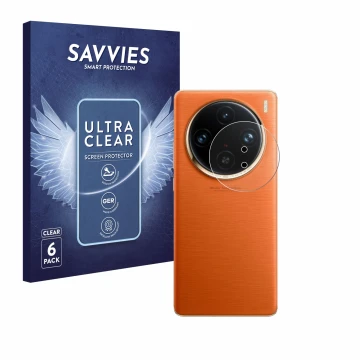 Front side of a product packaging with the brand logo Savvies. Next to it is the device Vivo X100 Pro (ONLY Camera Lens) shown