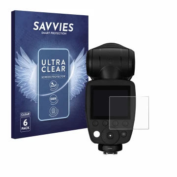 Front side of a product packaging with the brand logo Savvies. Next to it is the device Profoto A10 shown with the correspondi