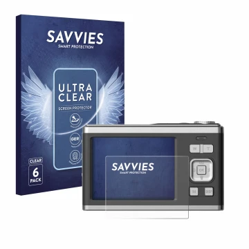 Front side of a product packaging with the brand logo Savvies. Next to it is the device Rollei Compactline 10X shown with the 