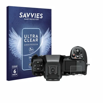 Front side of a product packaging with the brand logo Savvies. Next to it is the device Nikon Z 8 (top plate display) shown wi