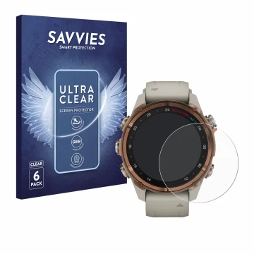 Front side of a product packaging with the brand logo Savvies. Next to it is the device Garmin Descent Mk3 (43 mm) shown with 
