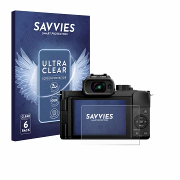 Front side of a product packaging with the brand logo Savvies. Next to it is the device Panasonic Lumix DC-G100D shown with th
