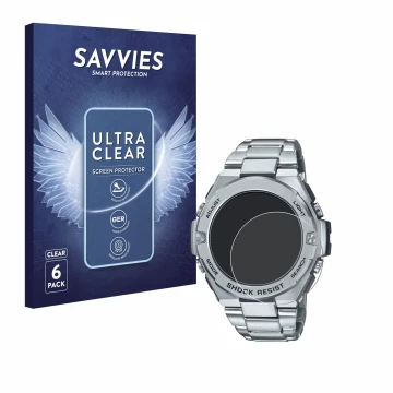 Front side of a product packaging with the brand logo Savvies. Next to it is the device Casio G-Shock GST-B500D-1A shown with 
