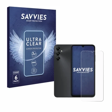 Front side of a product packaging with the brand logo Savvies. Next to it is the device Samsung Galaxy A05s shown with the cor