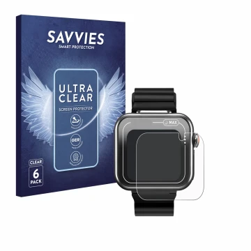 Front side of a product packaging with the brand logo Savvies. Next to it is the device Vtech Kidizoom Smartwatch MAX shown wi