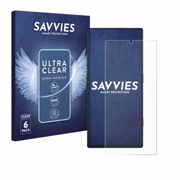 Front side of a product packaging with the brand logo Savvies. Next to it is the device ZTE Nubia Red Magic 8 Pro shown with t