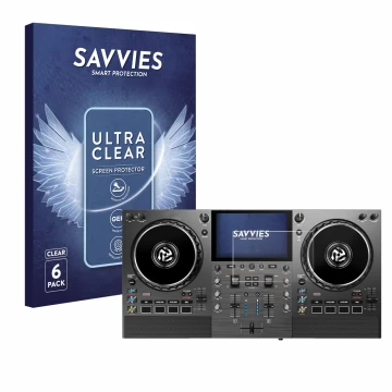 Front side of a product packaging with the brand logo Savvies. Next to it is the device Numark Mixstream Pro Go shown with the