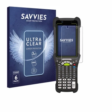 Front side of a product packaging with the brand logo Savvies. Next to it is the device Zebra MC9400 shown with the correspond