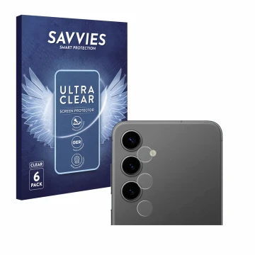 Front side of a product packaging with the brand logo Savvies. Next to it is the device Samsung Galaxy S24 Plus (ONLY Camera L