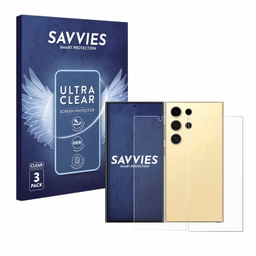 Front side of a product packaging with the brand logo Savvies. Next to it is the device Samsung Galaxy S24 Ultra (case-friendl