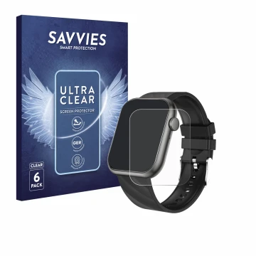 Front side of a product packaging with the brand logo Savvies. Next to it is the device walkbee Smartwatch 1.96