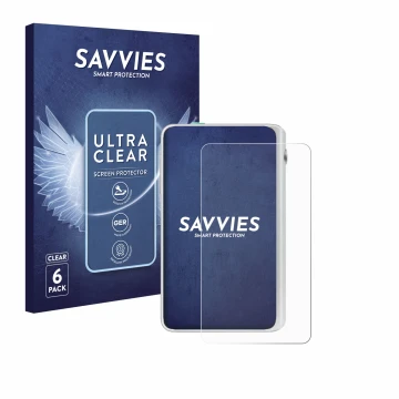 Front side of a product packaging with the brand logo Savvies. Next to it is the device Timekettle Fluentalk T1 Mini shown wit