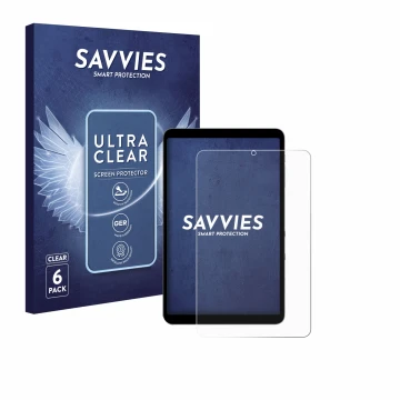 Front side of a product packaging with the brand logo Savvies. Next to it is the device Alldocube iPlay 50 mini Pro shown with
