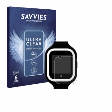 Front side of a product packaging with the brand logo Savvies. Next to it is the device SaveFamily Iconic Plus 4G shown with t