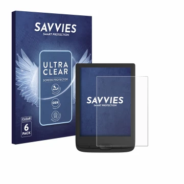 Front side of a product packaging with the brand logo Savvies. Next to it is the device PocketBook Basic Lux 4 shown with the 