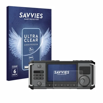 Front side of a product packaging with the brand logo Savvies. Next to it is the device Xiegu X6200 shown with the correspondi