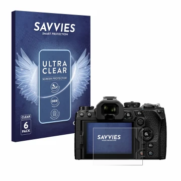 Front side of a product packaging with the brand logo Savvies. Next to it is the device Olympus OM System OM-1 Mark II shown w