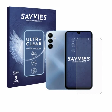 Front side of a product packaging with the brand logo Savvies. Next to it is the device Samsung Galaxy A15 (Front+Camera) show
