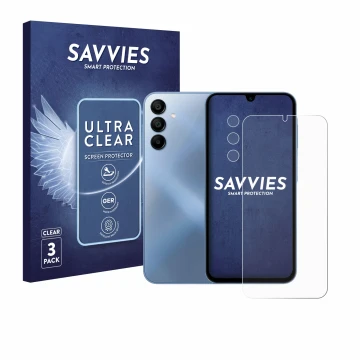 Front side of a product packaging with the brand logo Savvies. Next to it is the device Samsung Galaxy A15 5G (Front+Camera) s