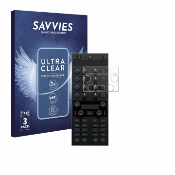Front side of a product packaging with the brand logo Savvies. Next to it is the device Native Instruments Traktor Kontrol X1 