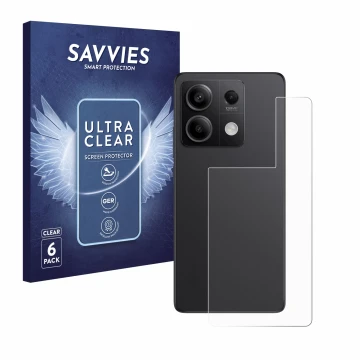 Front side of a product packaging with the brand logo Savvies. Next to it is the device Xiaomi Redmi Note 13 Pro 5G (Back) sho