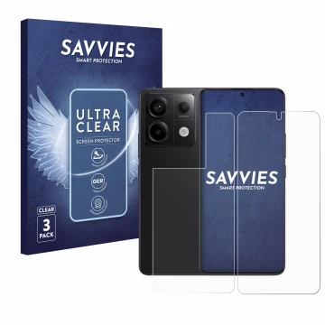 Front side of a product packaging with the brand logo Savvies. Next to it is the device Xiaomi Redmi Note 13 Pro 5G (Front+Bac