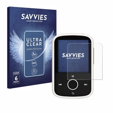 Front side of a product packaging with the brand logo Savvies. Next to it is the device Majority MP3 16GB shown with the corre
