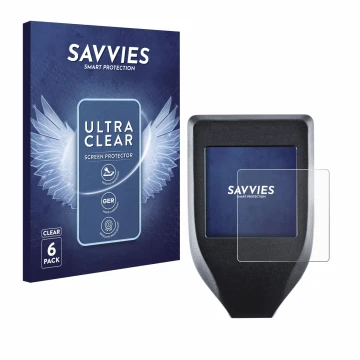 Front side of a product packaging with the brand logo Savvies. Next to it is the device Trezor Model T shown with the correspo