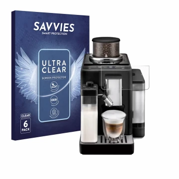 Front side of a product packaging with the brand logo Savvies. Next to it is the device DeLonghi Rivelia shown with the corres