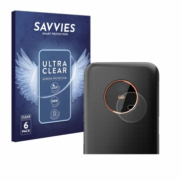 Front side of a product packaging with the brand logo Savvies. Next to it is the device Gigaset GX6 Pro (ONLY Camera) shown wi