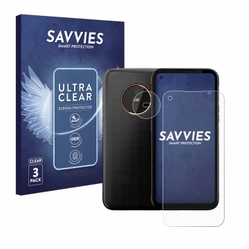 Front side of a product packaging with the brand logo Savvies. Next to it is the device Gigaset GX6 Pro (Front+Camera) shown w
