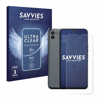 Front side of a product packaging with the brand logo Savvies. Next to it is the device Gigaset GS5 PRO SE (Front+Camera) show