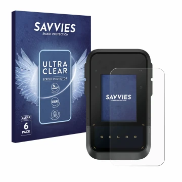 Front side of a product packaging with the brand logo Savvies. Next to it is the device Garmin eTrex Solar shown with the corr