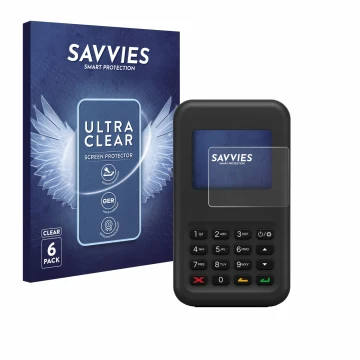 Front side of a product packaging with the brand logo Savvies. Next to it is the device Shopify WisePad 3 shown with the corre