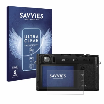 Front side of a product packaging with the brand logo Savvies. Next to it is the device Fujifilm X100VI shown with the corresp