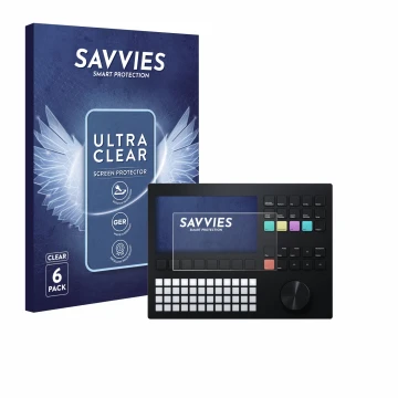 Front side of a product packaging with the brand logo Savvies. Next to it is the device Polyend Tracker shown with the corresp