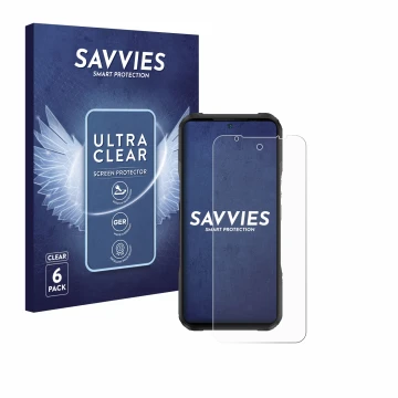 Front side of a product packaging with the brand logo Savvies. Next to it is the device Doogee V20S shown with the correspondi