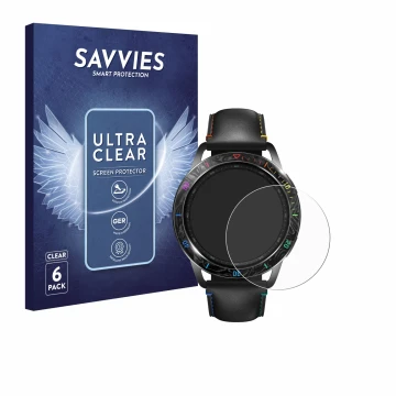 Front side of a product packaging with the brand logo Savvies. Next to it is the device Xiaomi Watch S3 shown with the corresp