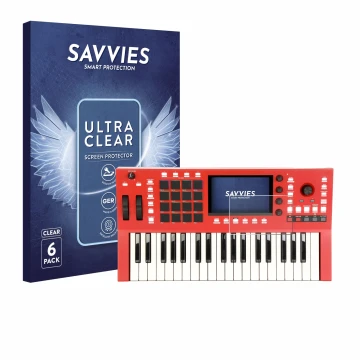 Front side of a product packaging with the brand logo Savvies. Next to it is the device Akai Professional MPC Key 37 shown wit
