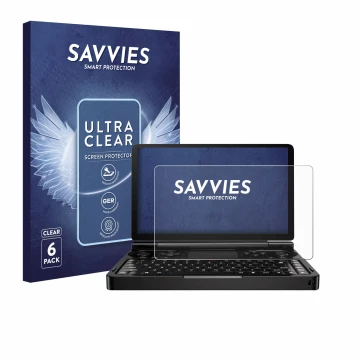 Front side of a product packaging with the brand logo Savvies. Next to it is the device GPD Win Mini (2024) shown with the cor