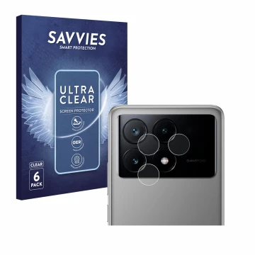 Front side of a product packaging with the brand logo Savvies. Next to it is the device Xiaomi Poco X6 Pro (ONLY Camera Lens) 