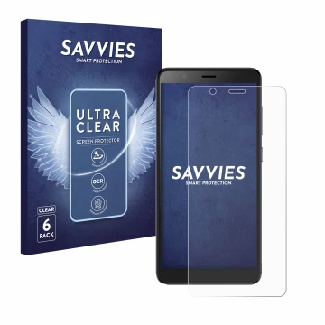 Front side of a product packaging with the brand logo Savvies. Next to it is the device ZTE Blade A32 shown with the correspon