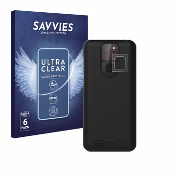 Front side of a product packaging with the brand logo Savvies. Next to it is the device Emporia Smart 5 Mini (ONLY Camera Lens