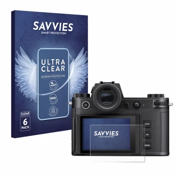 Front side of a product packaging with the brand logo Savvies. Next to it is the device Leica SL3 shown with the corresponding