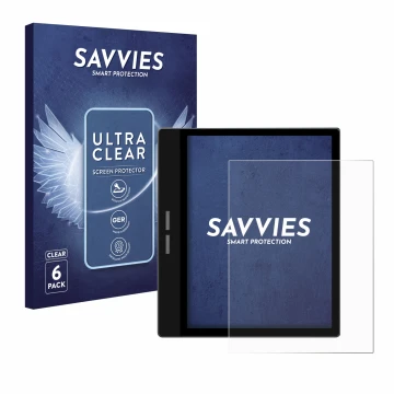 Front side of a product packaging with the brand logo Savvies. Next to it is the device Bigme B751C shown with the correspondi